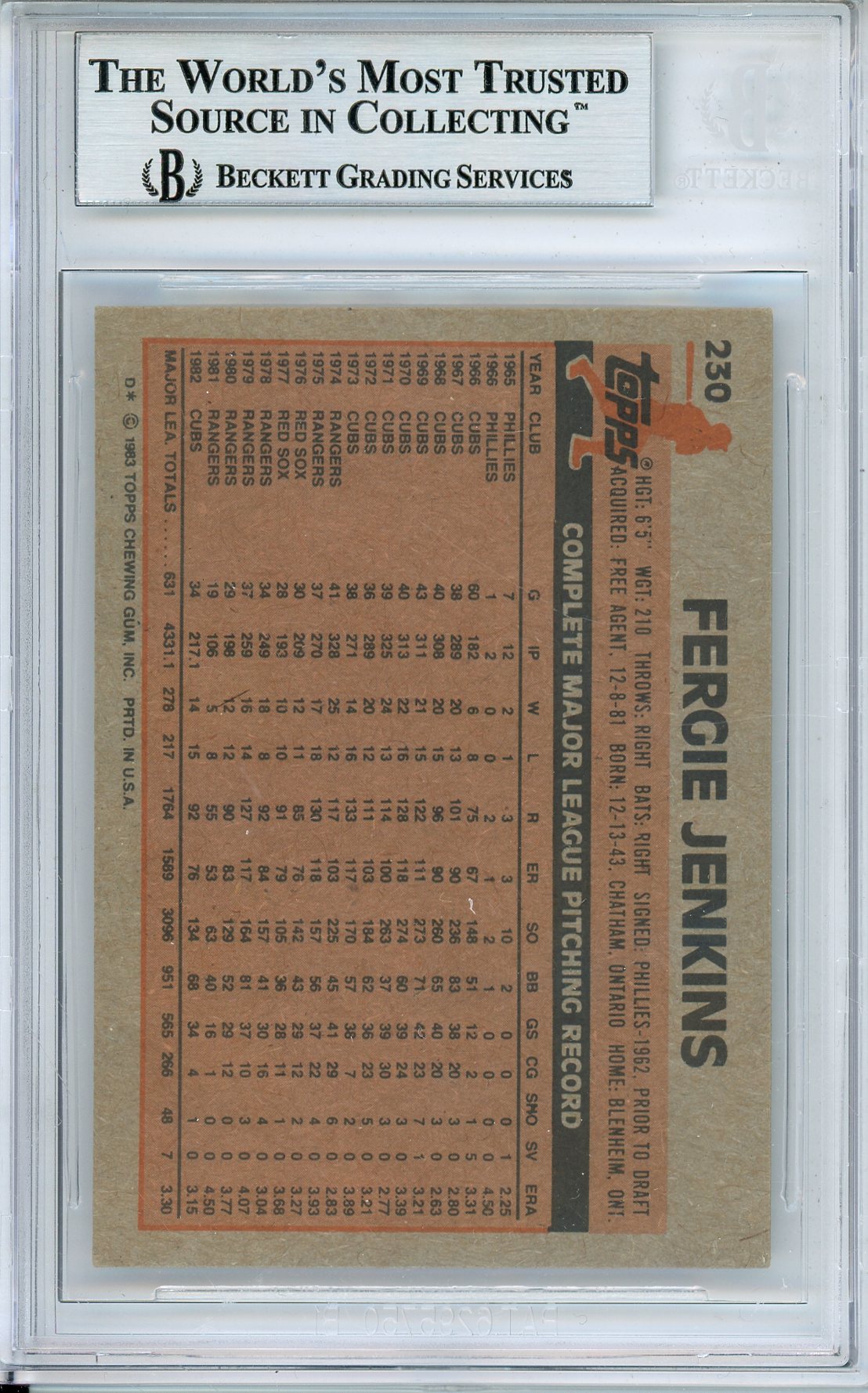 1983 TOPPS FERGIE JENKINES #230 CUBS HOF AUTOGRAPH BECKETT AUTHENTIC