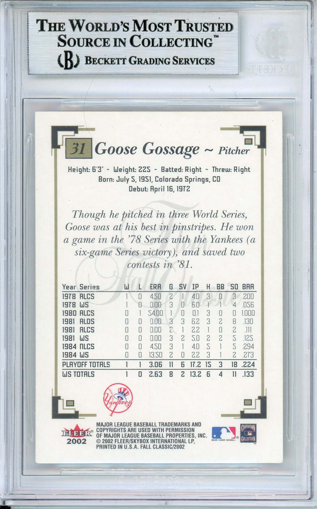 2002 FLEER FALL CLASSICS RICH GOSSAGE #31 YANKEES HOF AUTOGRAPH BECKETT AUTHENTIC