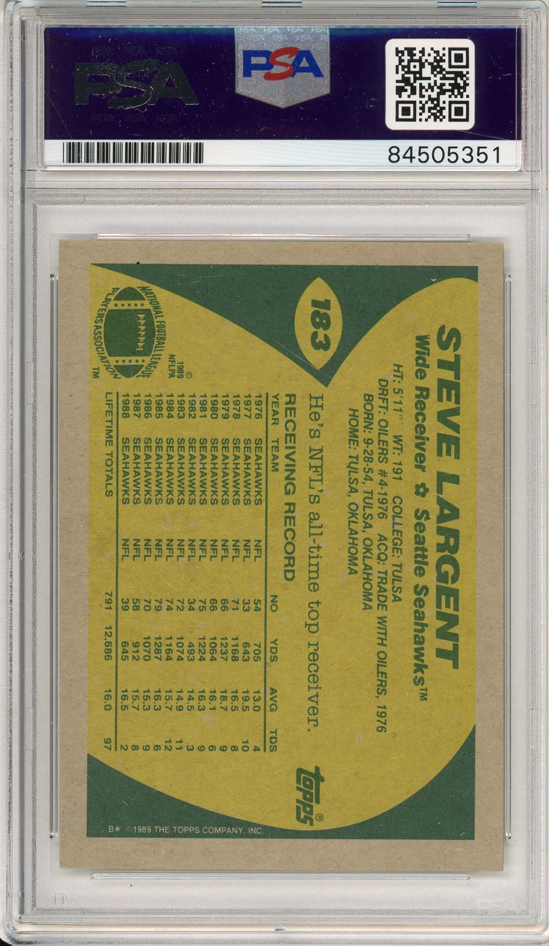 1989 TOPPS STEVE LARGENT #183 HOF SEAHAWKS 7-TIME ALL PRO AUTOGRAPH PSA/DNA