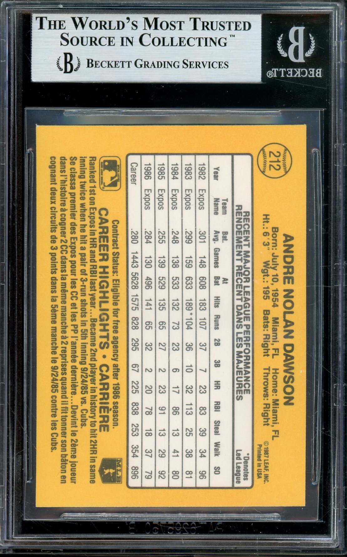 1987 LEAF/DONRUSS ANDRE DAWSON #212 EXPOS HOF AUTOGRAPH BECKETT AUTHENTIC