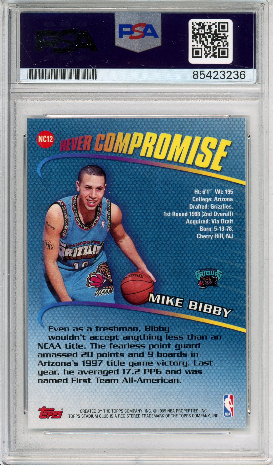 1999 TOPPS STADIUM CLUB MIKE BIBBY #NC12 GRIZZLIES AUTOGRAPH PSA/DNA