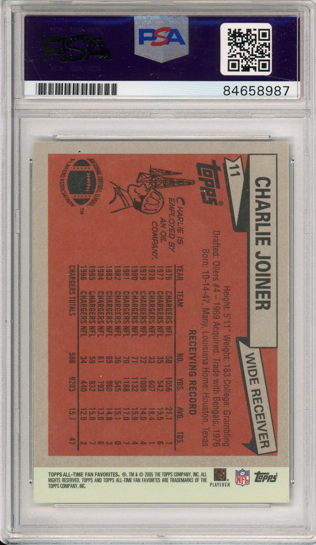 2005 TOPPS CHARLIE JOINER #11 HOF CHARGERS 2-TIME ALL PRO AUTOGRAPH PSA/DNA