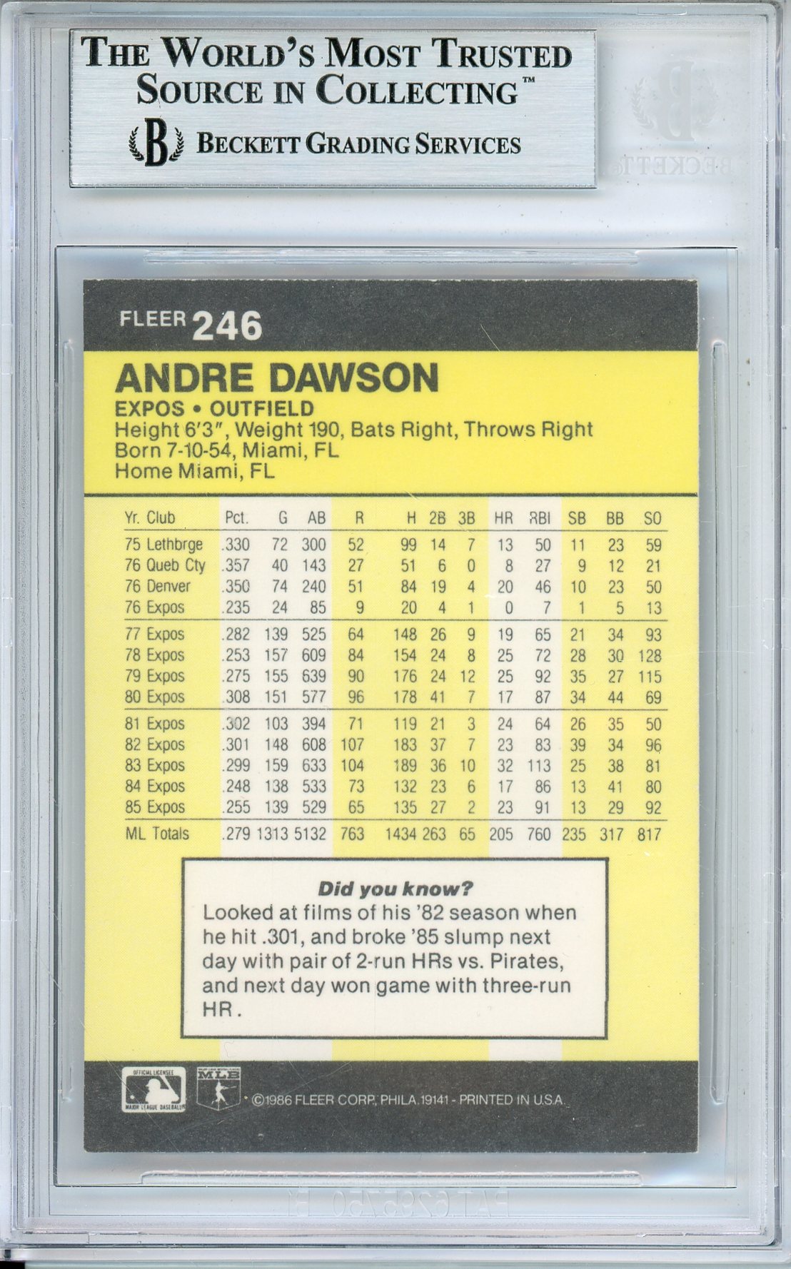 1986 FLEER ANDRE DAWSON #246 EXPOS HOF AUTOGRAPH BECKETT AUTHENTIC