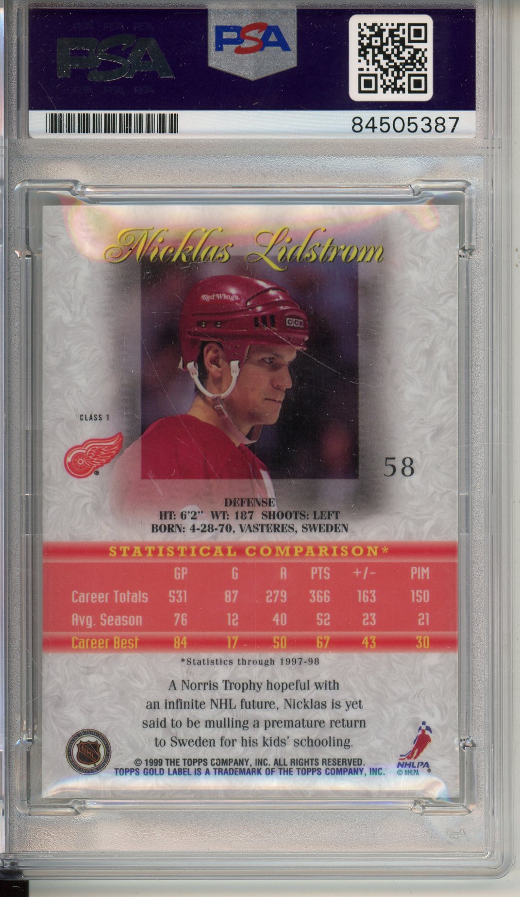 1999 TOPPS NICKLAS LIDSTROM #58 HOF RED WINGS 12-TIME ALL STAR AUTOGRAPH PSA/DNA
