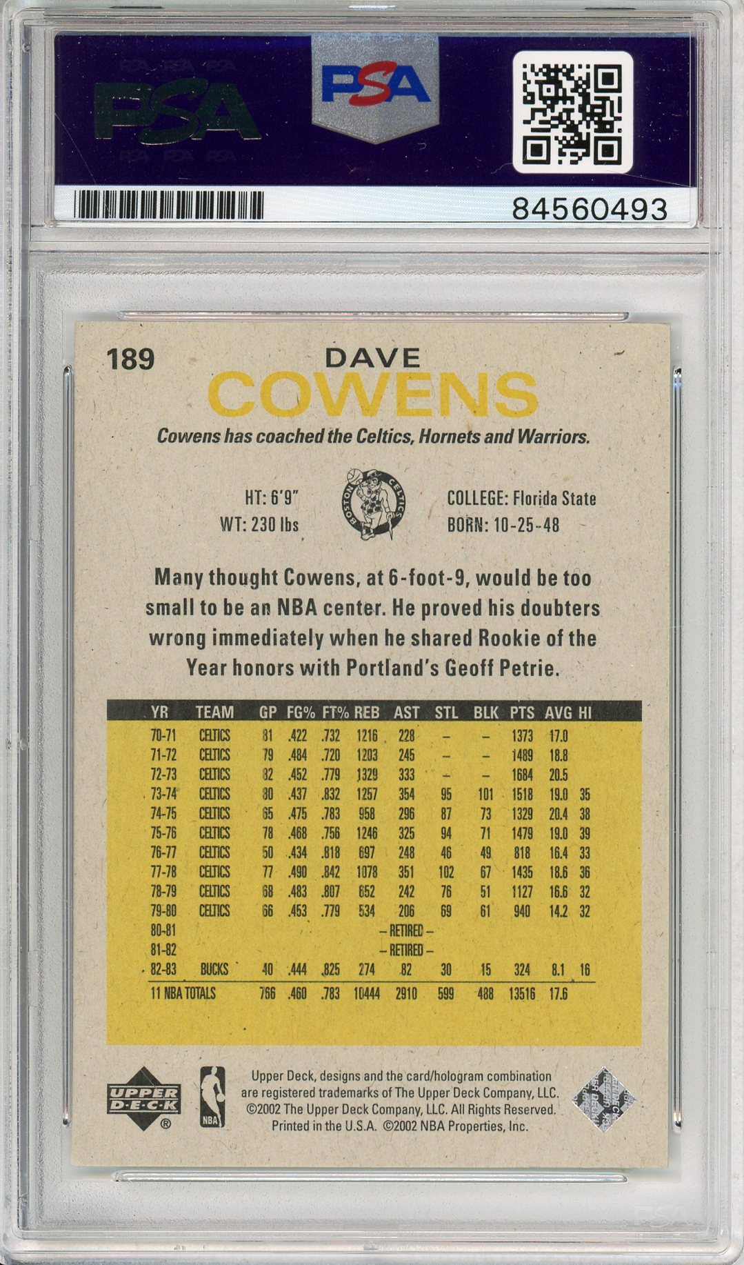 2002 UPPER DECK DAVE COWENS #189 HOF CELTICS AUTOGRAPH PSA/DNA