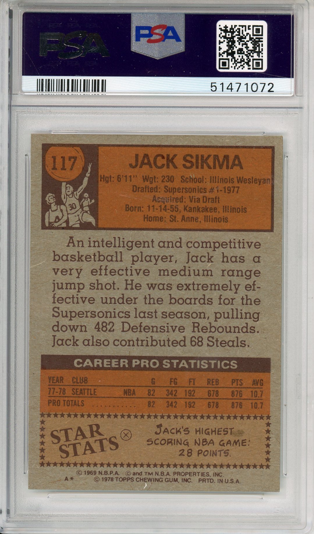 1978 TOPPS JACK SIKMA #117 HOF SONICS AUTOGRAPH PSA/DNA