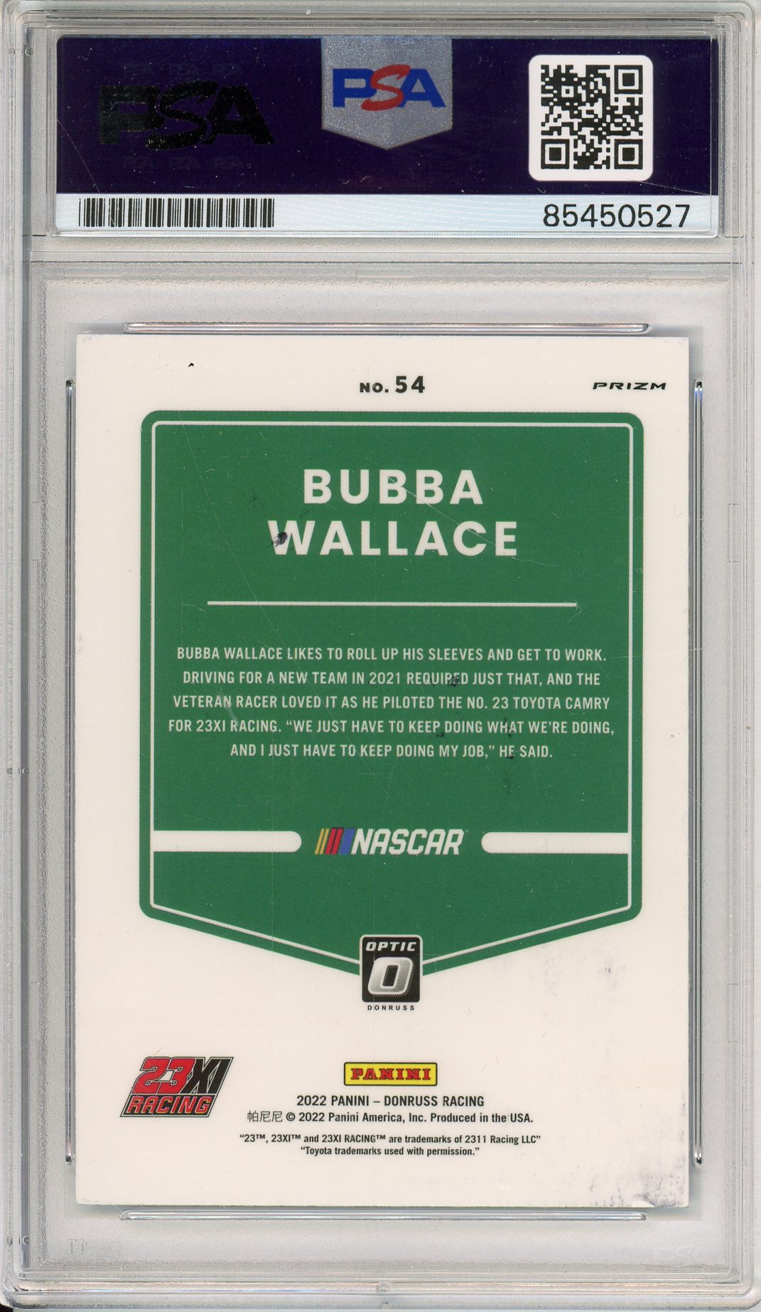 2022 PANINI OPTIC BUBBA WALLACE #54 BLUE WAVE PRIZM AUTOGRAPH PSA/DNA
