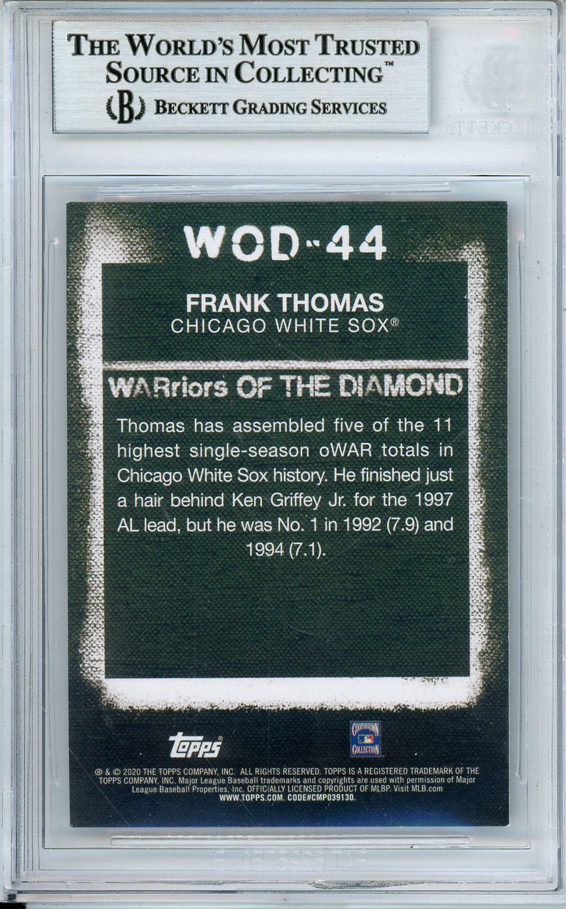 2020 TOPPS WARRIORS OF THE DIAMOND FRANK THOMAS #WOD44 HOF AUTOGRAPH BECKETT AUTHENTIC