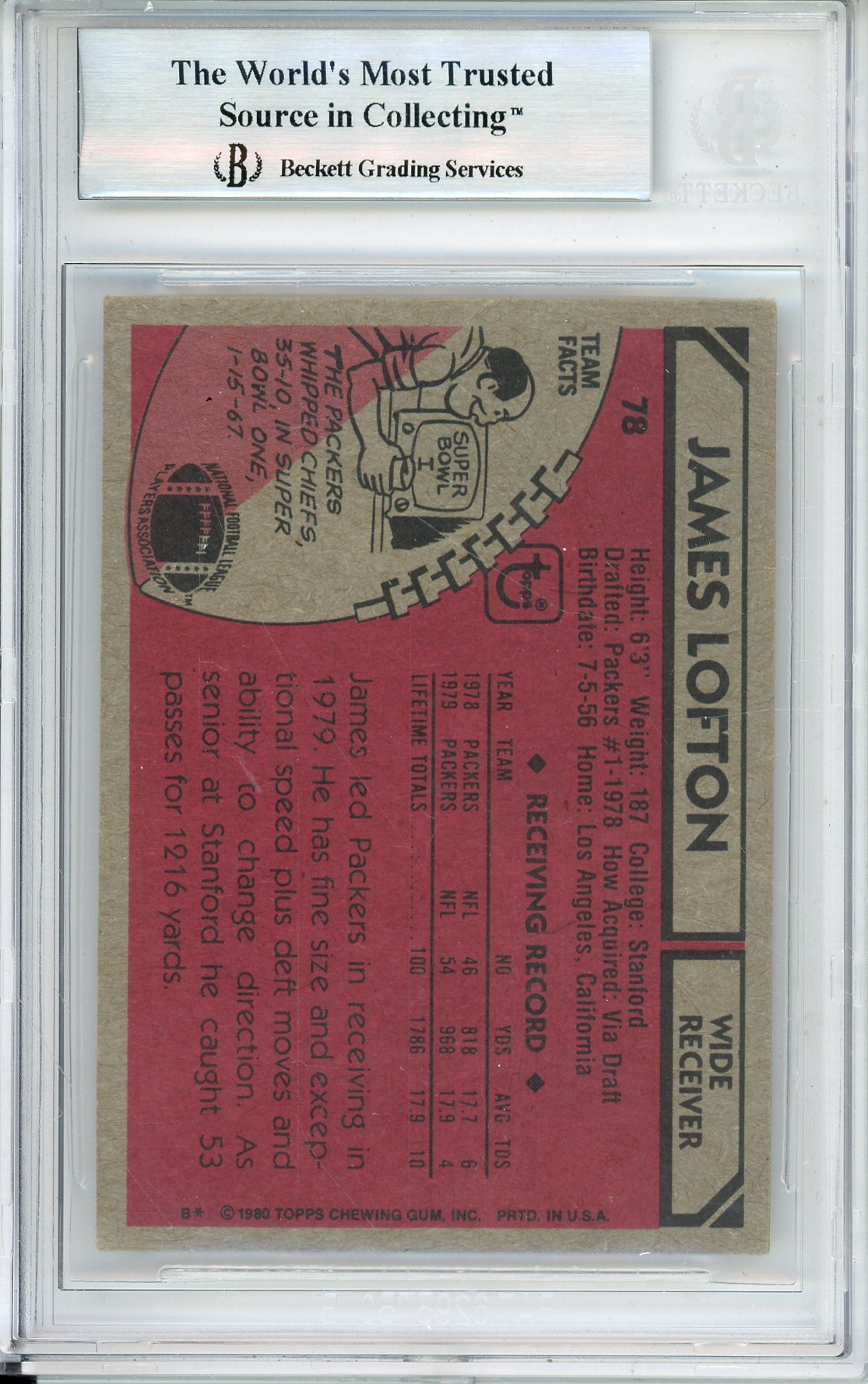 1980 TOPPS JAMES LOFTON #78 HOF PACKERS 4-TIME ALL PRO BECKETT AUTOGRAPH