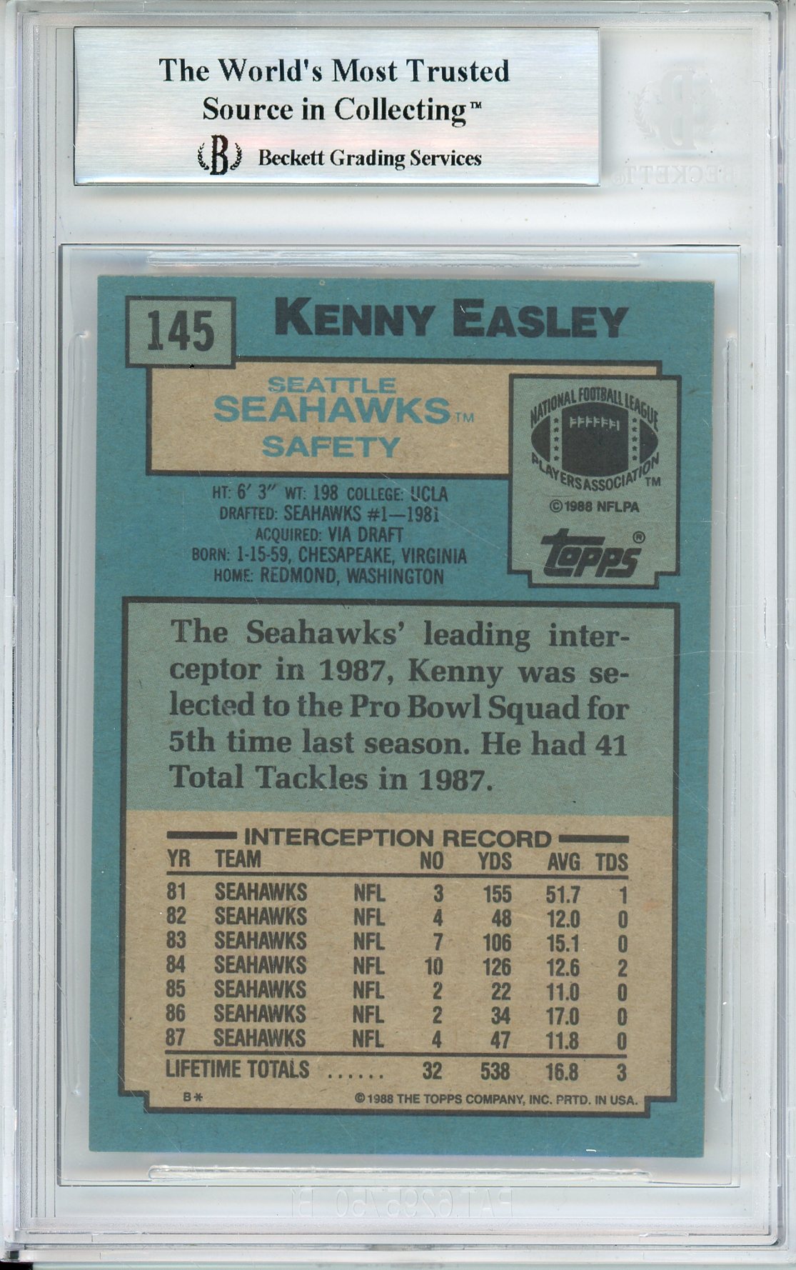 1988 TOPPS KENNY EASLEY #145 HOF SEAHAWKS 5-TIME ALL PRO BECKETT AUTOGRAPH