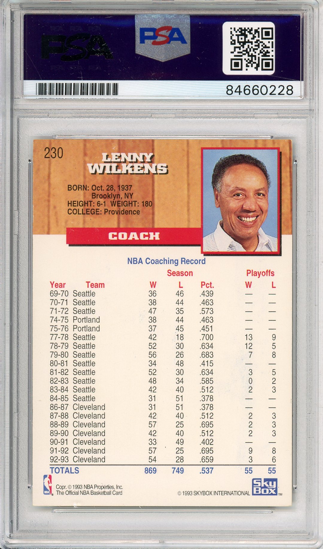 1993 SKYBOX LENNY WILKENS #230 HAWKS HOF AUTOGRAPH PSA/DNA