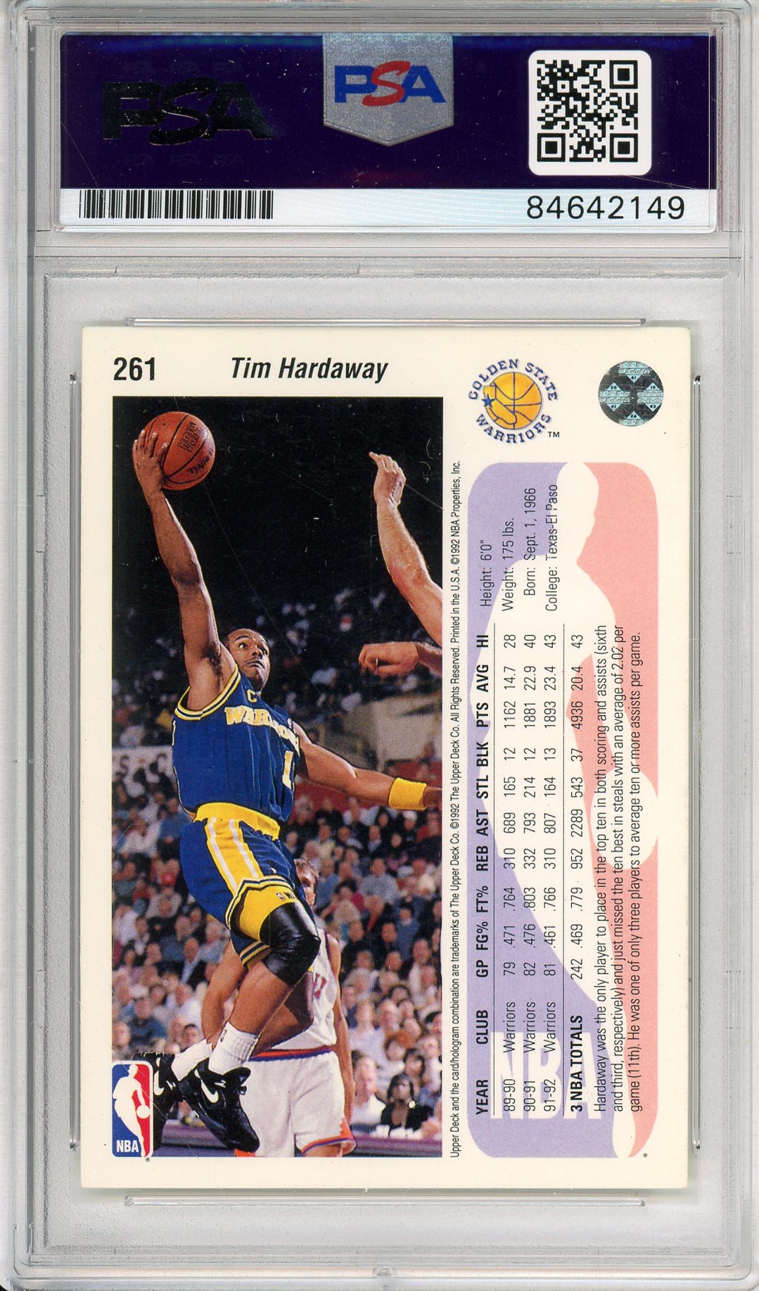 1992 UPPER DECK TIM HARDAWAY #261 HOF WARRIORS AUTOGRAPH PSA/DNA