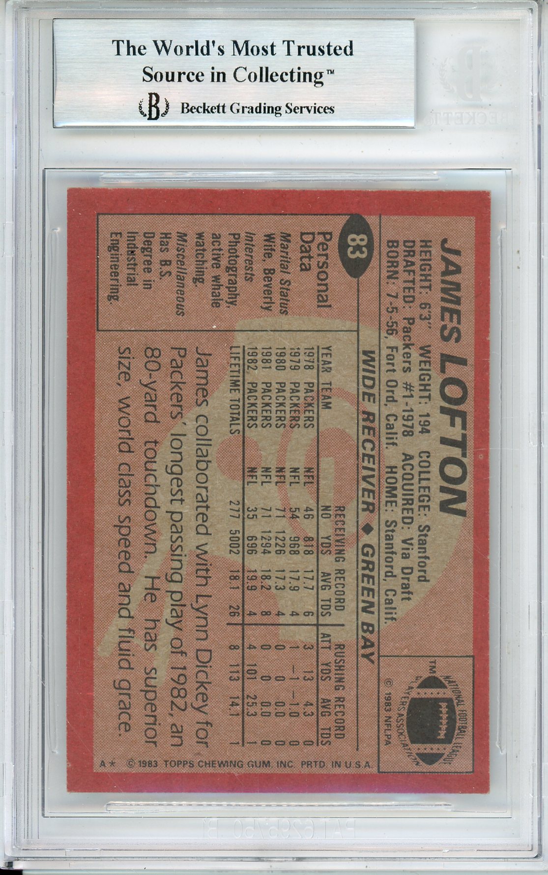 1983 TOPPS JAMES LOFTON #83 HOF PACKERS 4-TIME ALL PRO BECKETT AUTOGRAPH