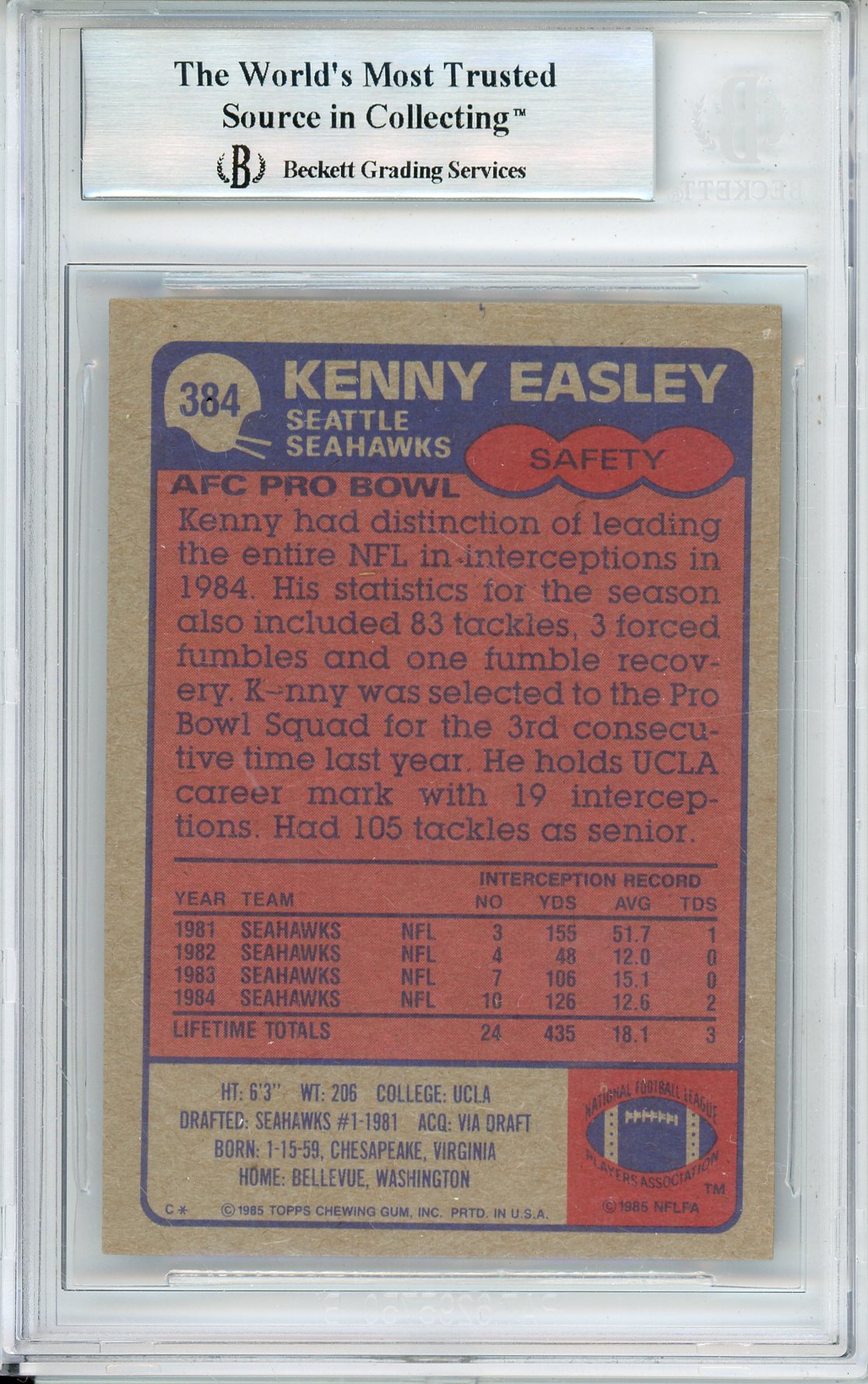 1985 TOPPS KENNY EASLEY #145 HOF SEAHAWKS 5-TIME ALL PRO BECKETT AUTOGRAPH