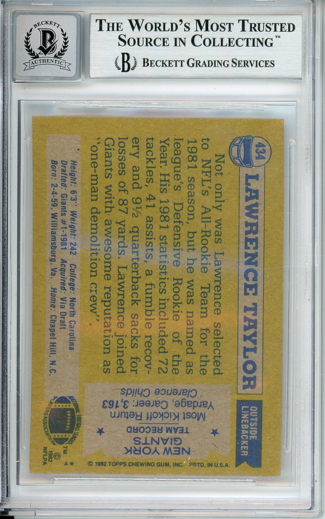 1982 TOPPS LAWRENCE TAYLOR #434 HOF GIANTS 10-TIME ALL PRO BECKETT AUTOGRAPH