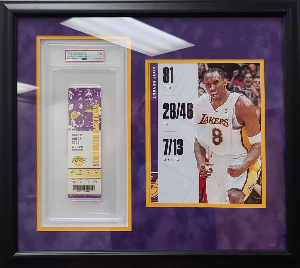 Glass Framed (21x19) Kobe Bryant 81 Point Game (01/22/2006) Full Ticket - PSA 4