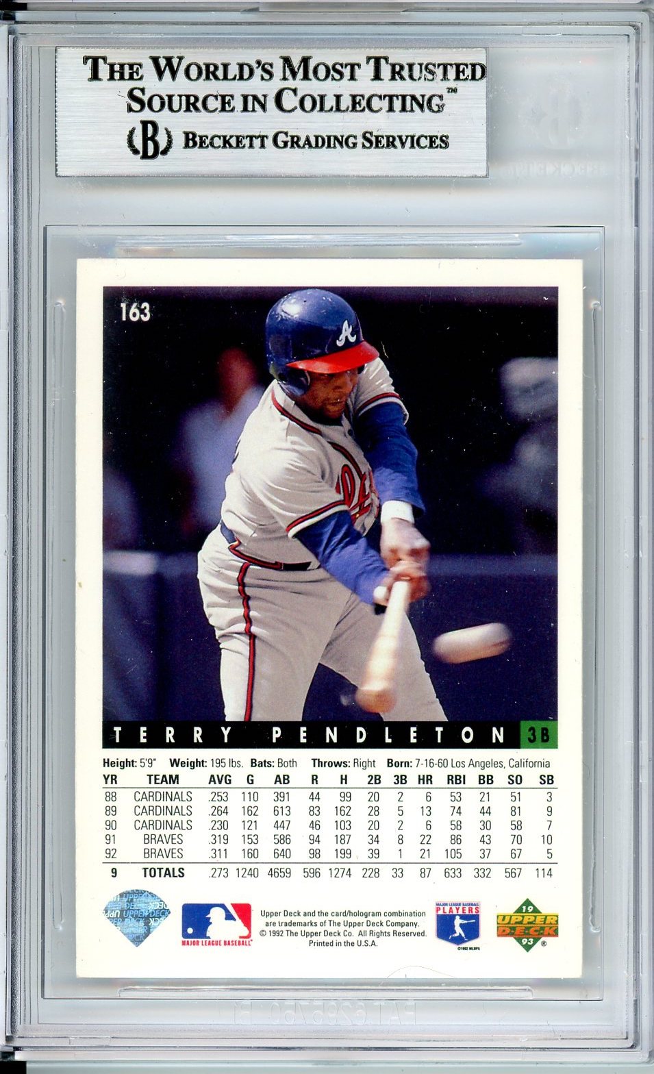 1993 UPPER DECK TERRY PENDLETON AUTO #163 BECKETT BAS