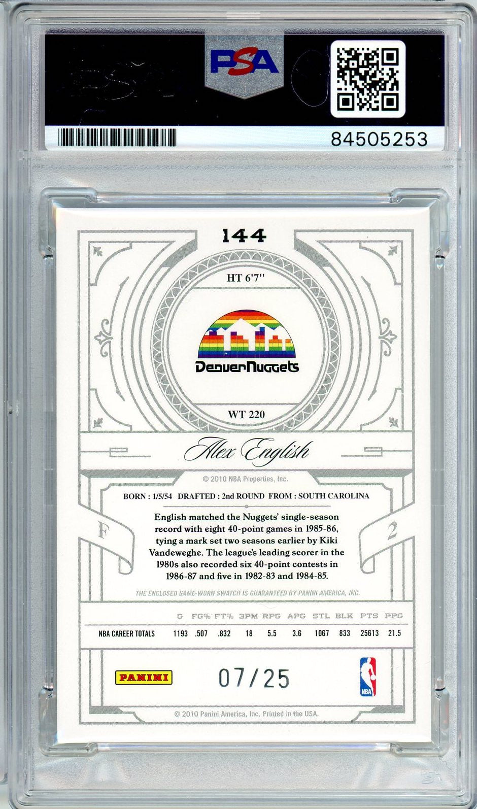 2010 PANINI NATIONAL TREASURES ALEX ENGLISH PRIME CENTURY JERSEY #7/25 #144 PSA/DNA AUTO