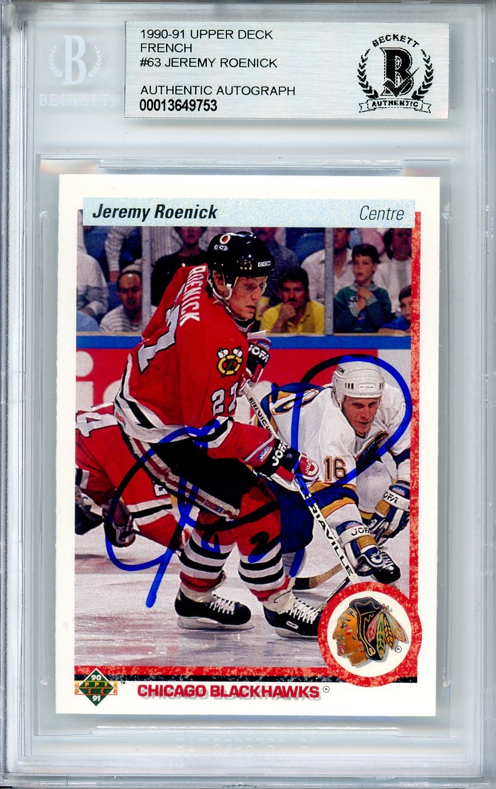 1990-91 UPPER DECK JEREMY ROENICK FRENCH AUTO #63 BECKETT BAS