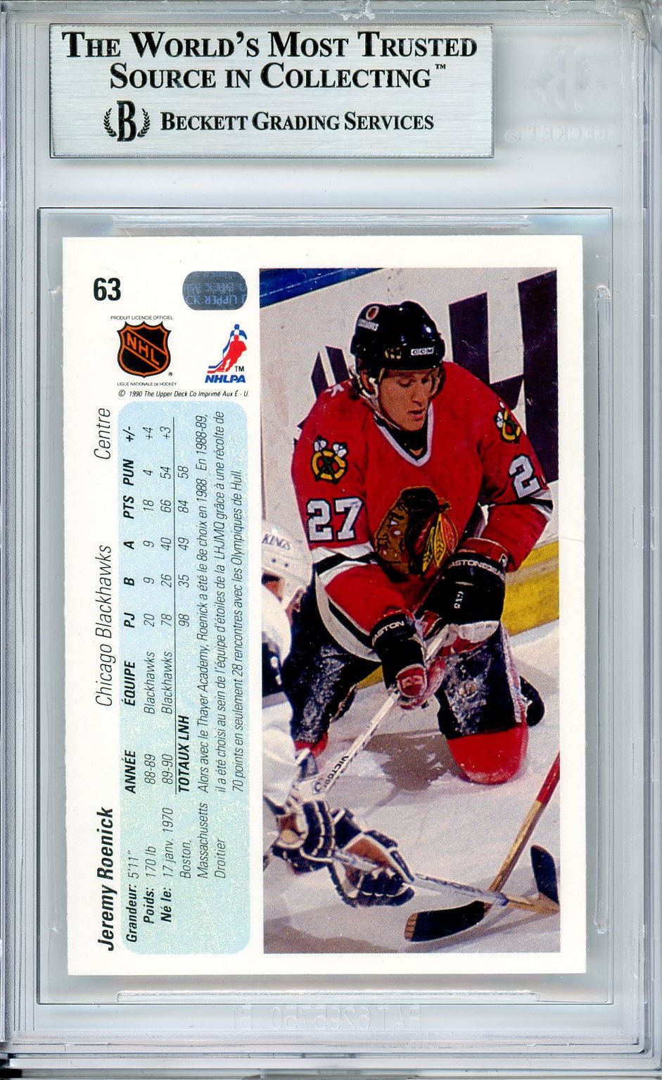 1990-91 UPPER DECK JEREMY ROENICK FRENCH AUTO #63 BECKETT BAS