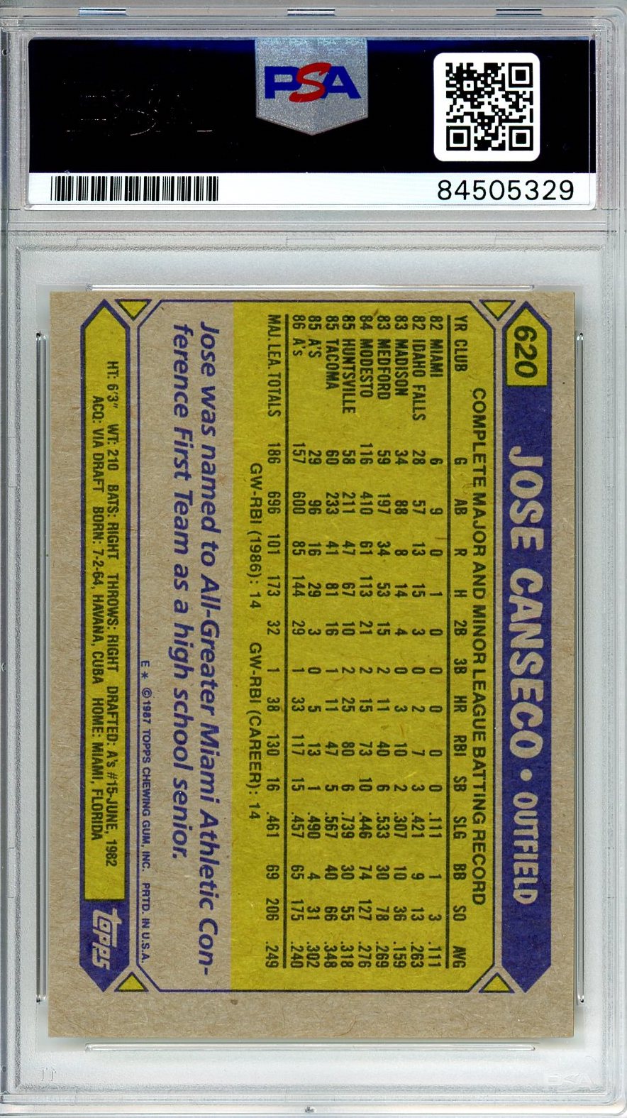 1987 TOPPS JOSE CANSECO AUTO ROOKIE #620 PSA DNA (QUANTITY AVAILABLE)