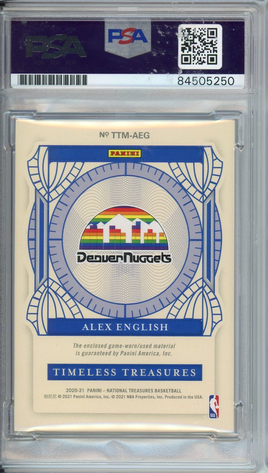 2020 PANINI NATIONAL TREASURES ALEX ENGLISH TIMELESS TREASURES JERSEY #41/99 #TTM-AEG PSA/DNA AUTO