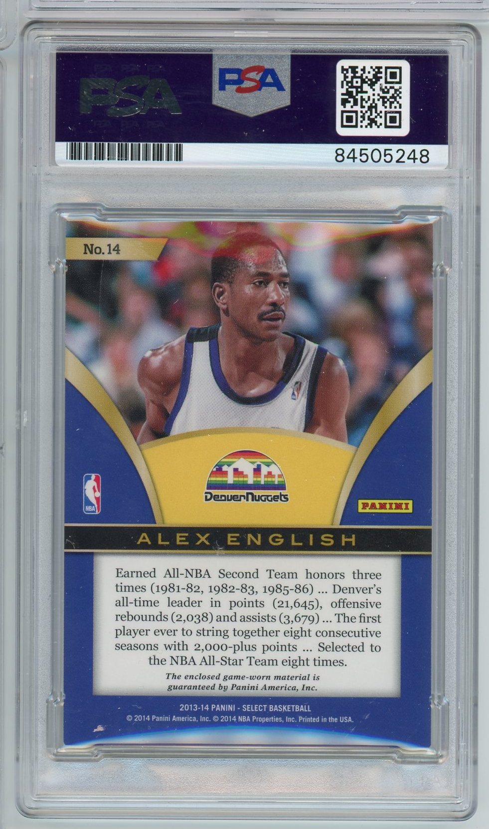 2013 PANINI SELECT ALEX ENGLISH SWATCHES JERSEY #14 PSA/DNA AUTO