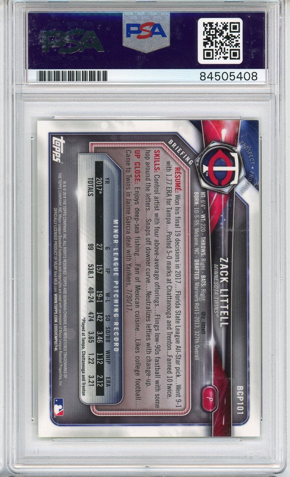 2018 BOWMAN CHROME ZACH LITTELL GOLD AUTO 54/75 PSA/DNA