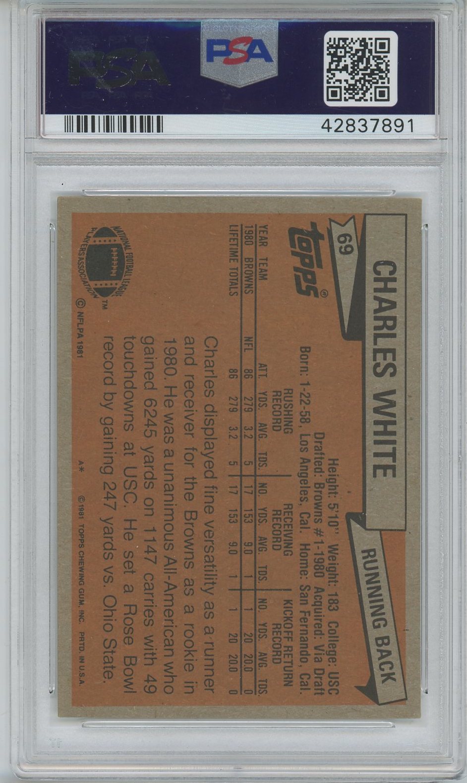 1981 TOPPS CHARLES WHITE AUTO ROOKIE PSA/DNA AUTO GRADE 10