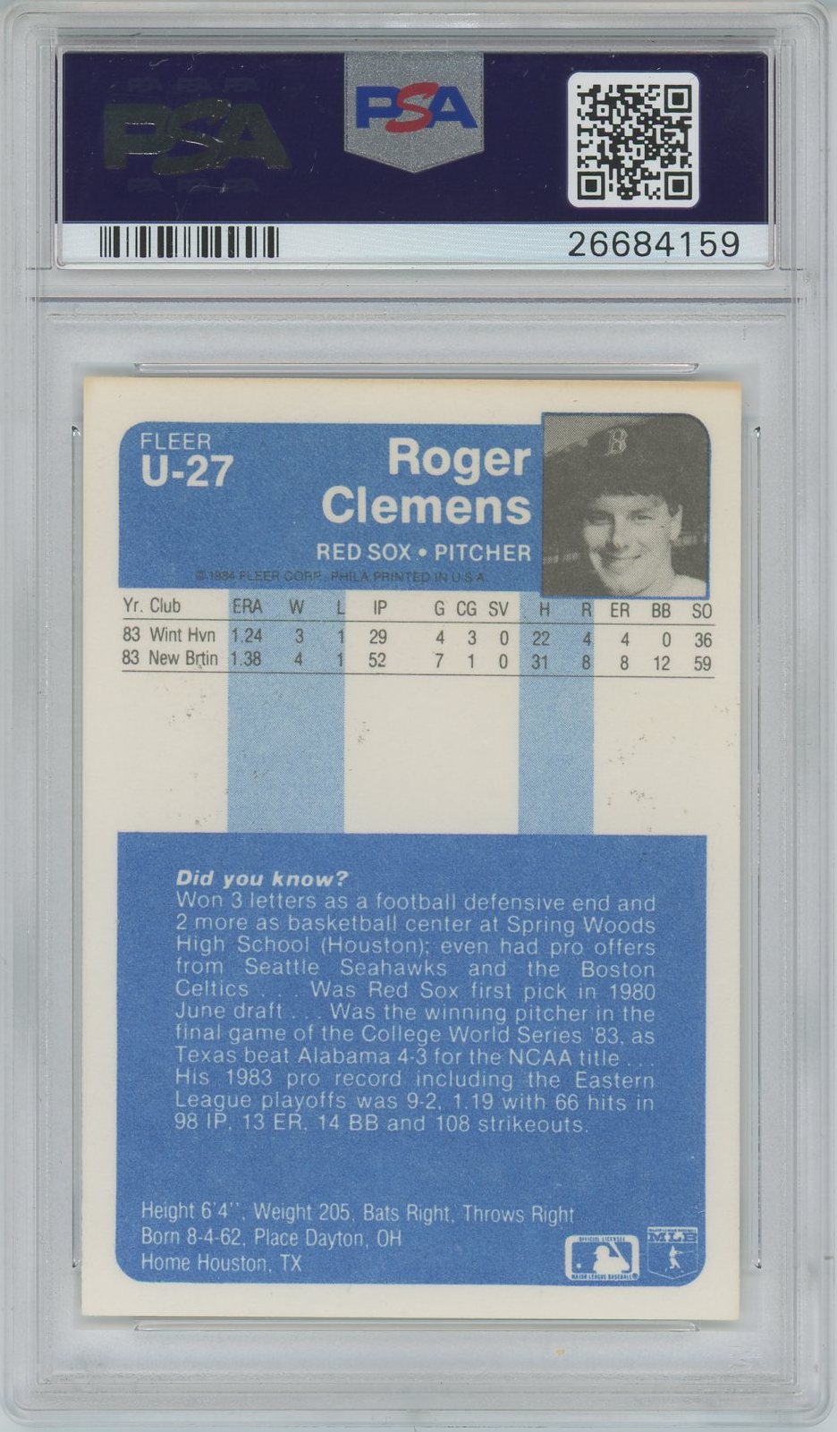 1984 FLEER UPDATE ROGER CLEMENS AUTO ROOKIE PSA/DNA AUTO GRADE 10