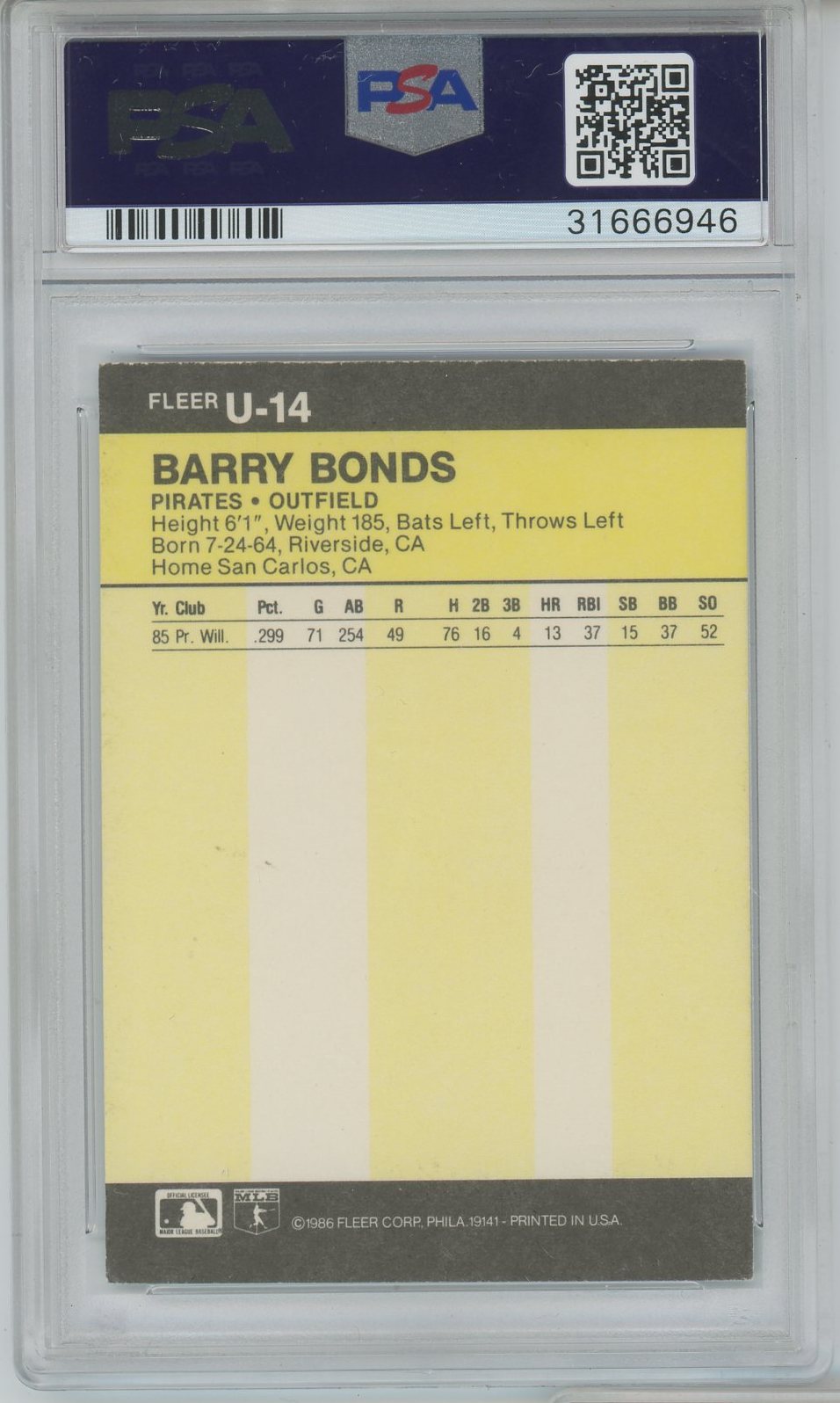 1986 FLEER UPDATE BARRY BONDS AUTO ROOKIE PSA/DNA AUTO GRADE 8