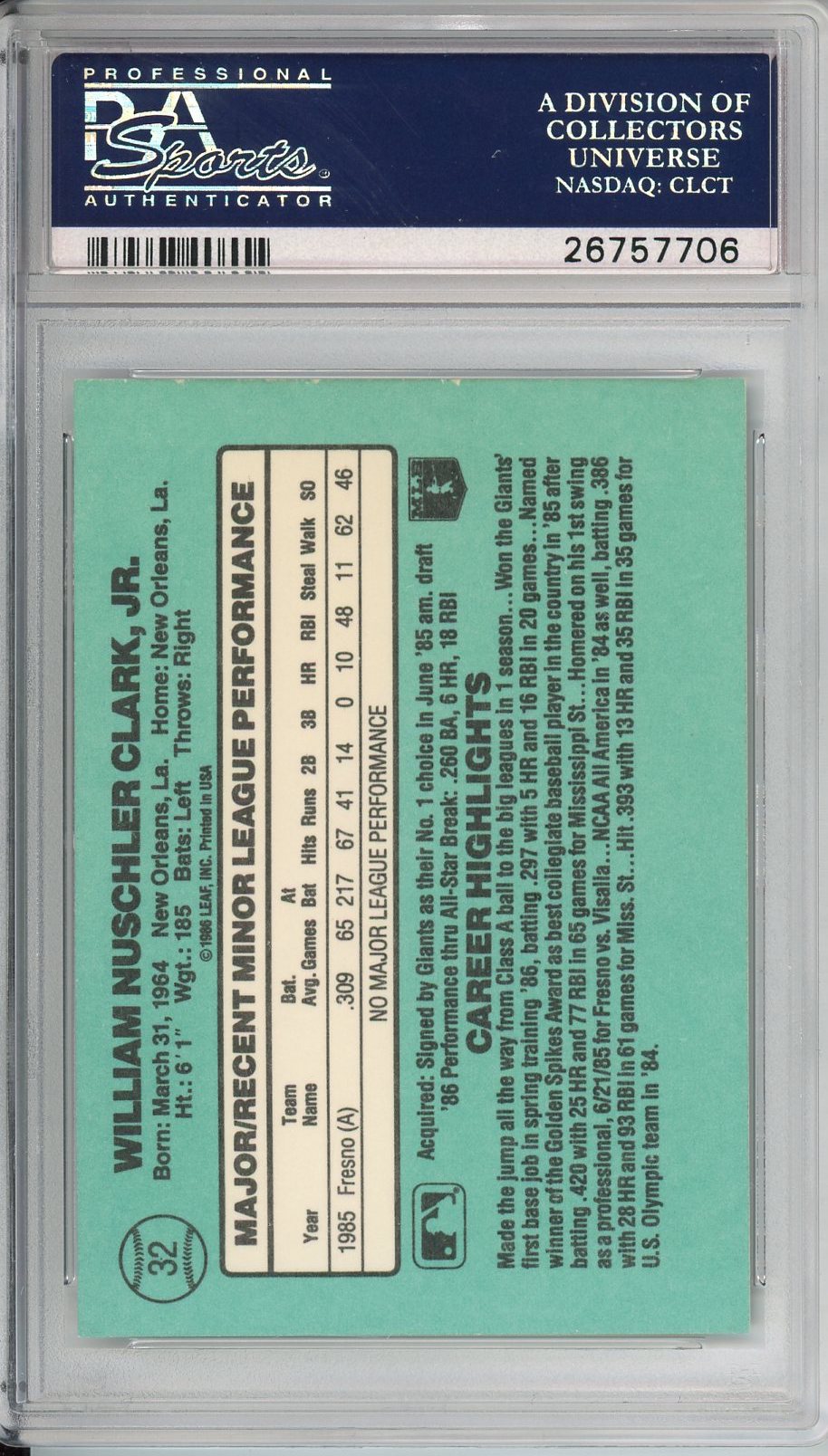 1986 DONRUSS ROOKIES WILL CLARK ROOKIE #32 PSA/DNA AUTO