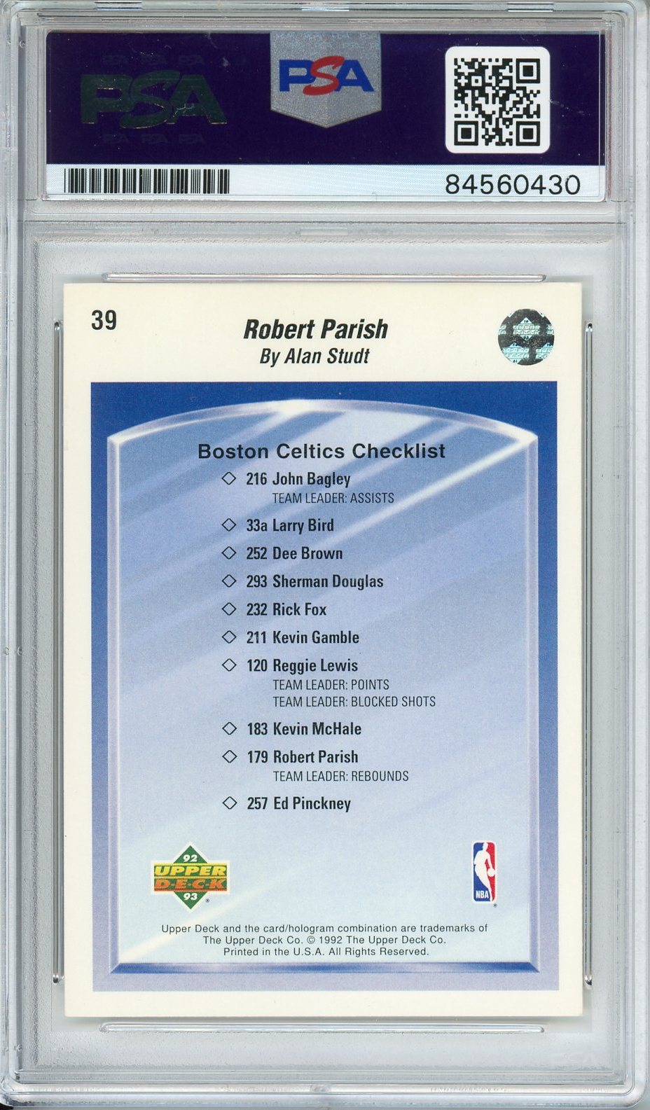 1992 UPPER DECK ROBERT PARISH #39 PSA/DNA AUTO GRADE 10 (430)