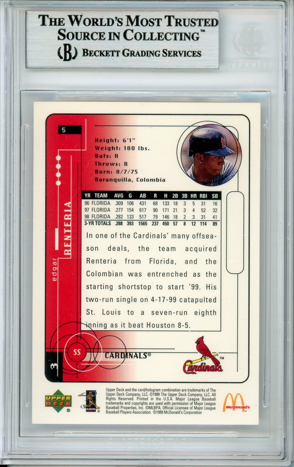 1999 UPPER DECK EDGAR RENTERIA CARDINALS MCDONALDS #5 BECKETT BAS AUTO