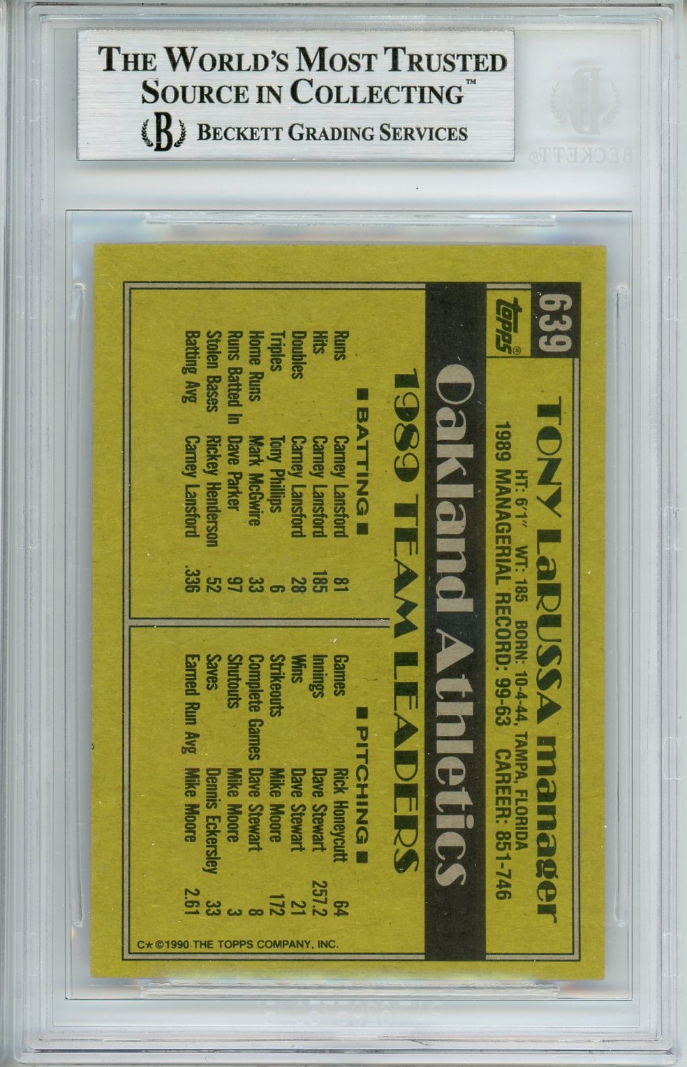 1990 TOPPS TONY LARUSSA AUTO #639 BAS BECKETT (200)