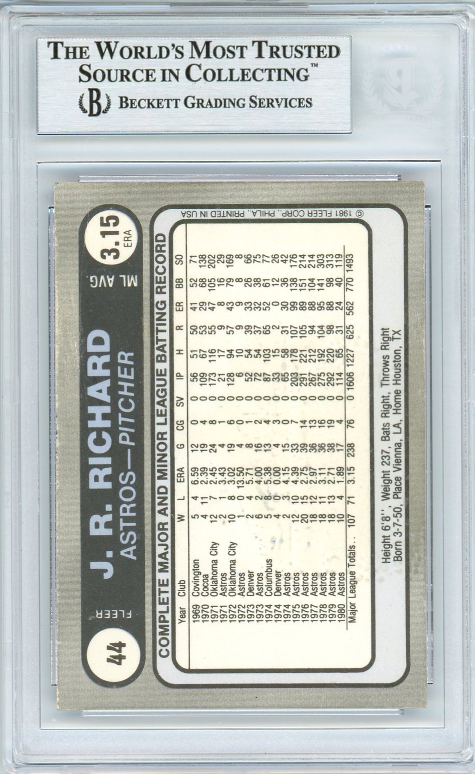 1981 FLEER J.R. RICHARD ALL STARS STICKERS AUTO #44 BECKETT BAS