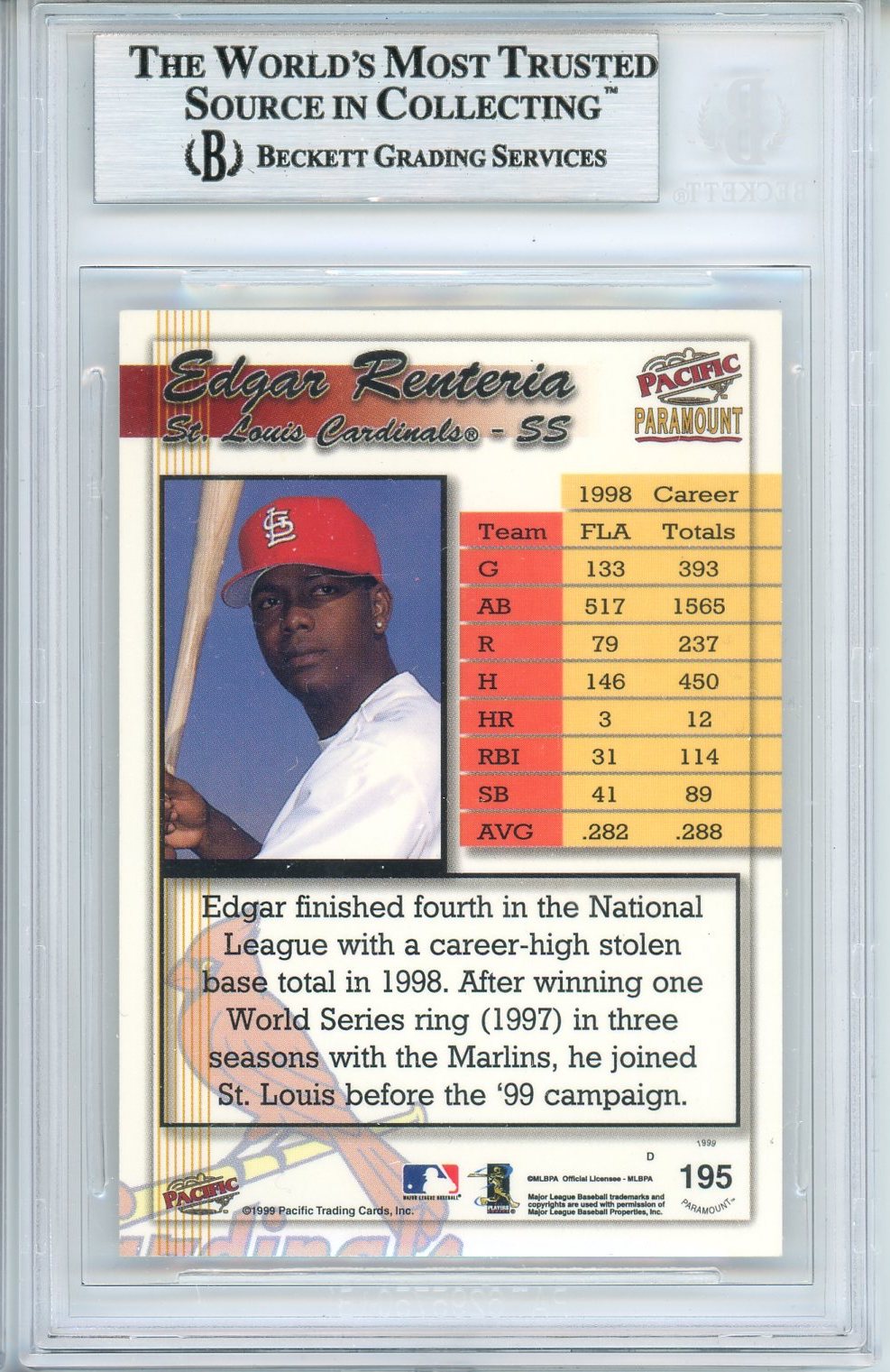 1999 PARAMOUNT EDGAR RENTERIA AUTO #195 BECKETT BAS