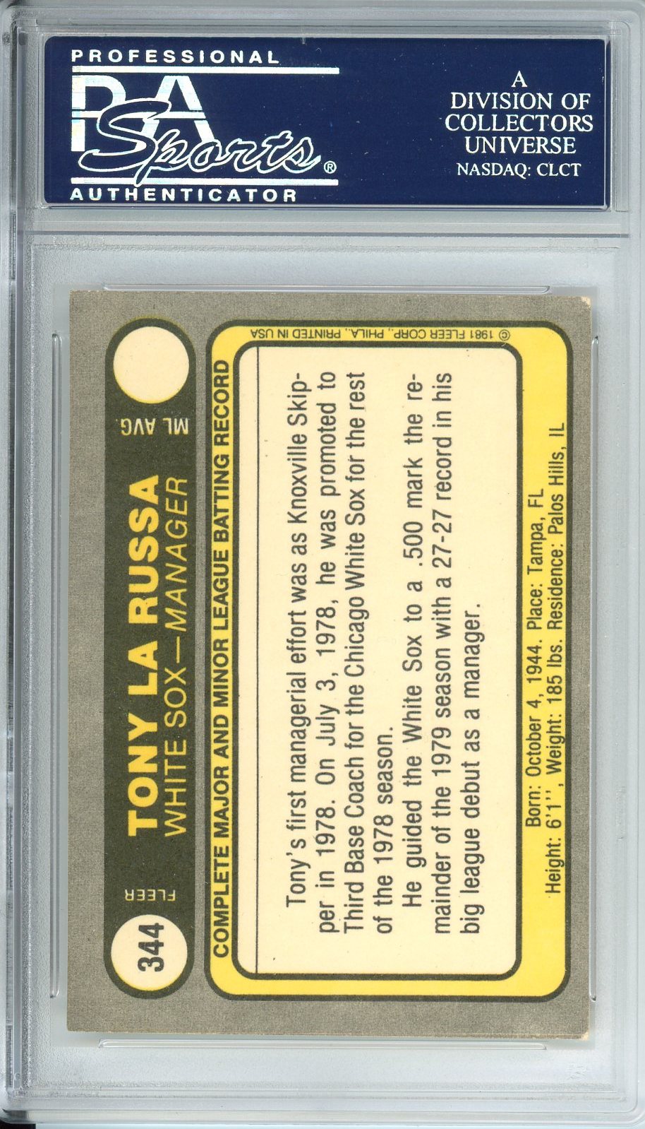 1981 FLEER TONY LARUSSA AUTO #344 PSA DNA