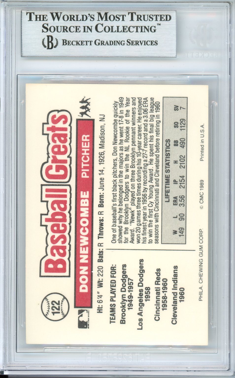 1989 SWELL DON NEWCOMBE AUTO BASEBALL GREATS #122 BECKETT BAS