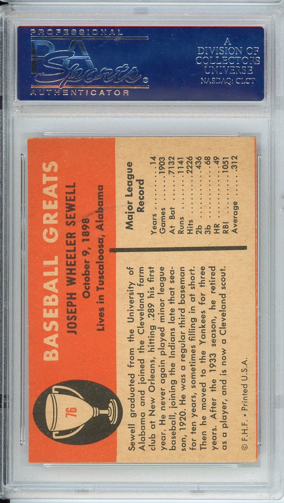 1961 FLEER JOE SEWELL AUTO #76 PSA DNA 6 EX-MT