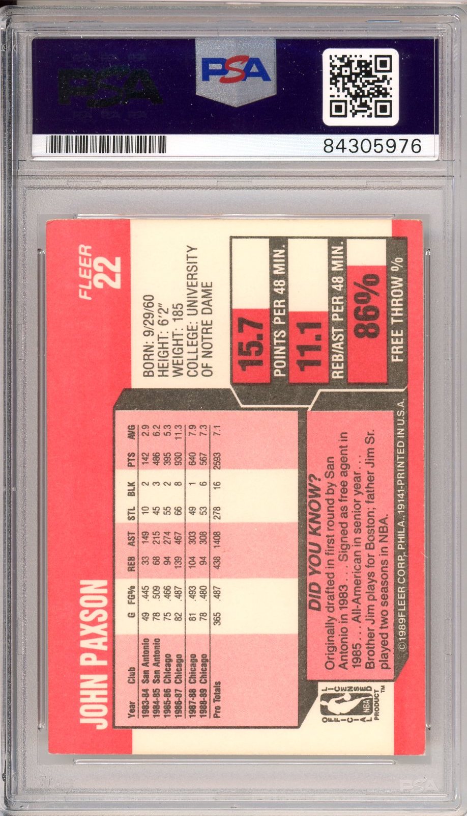1989 FLEER JOHN PAXSON #22 PSA/DNA AUTO