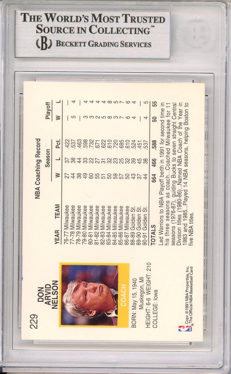 1991-92 HOOPS DON NELSON #229 AUTO BECKETT BAS