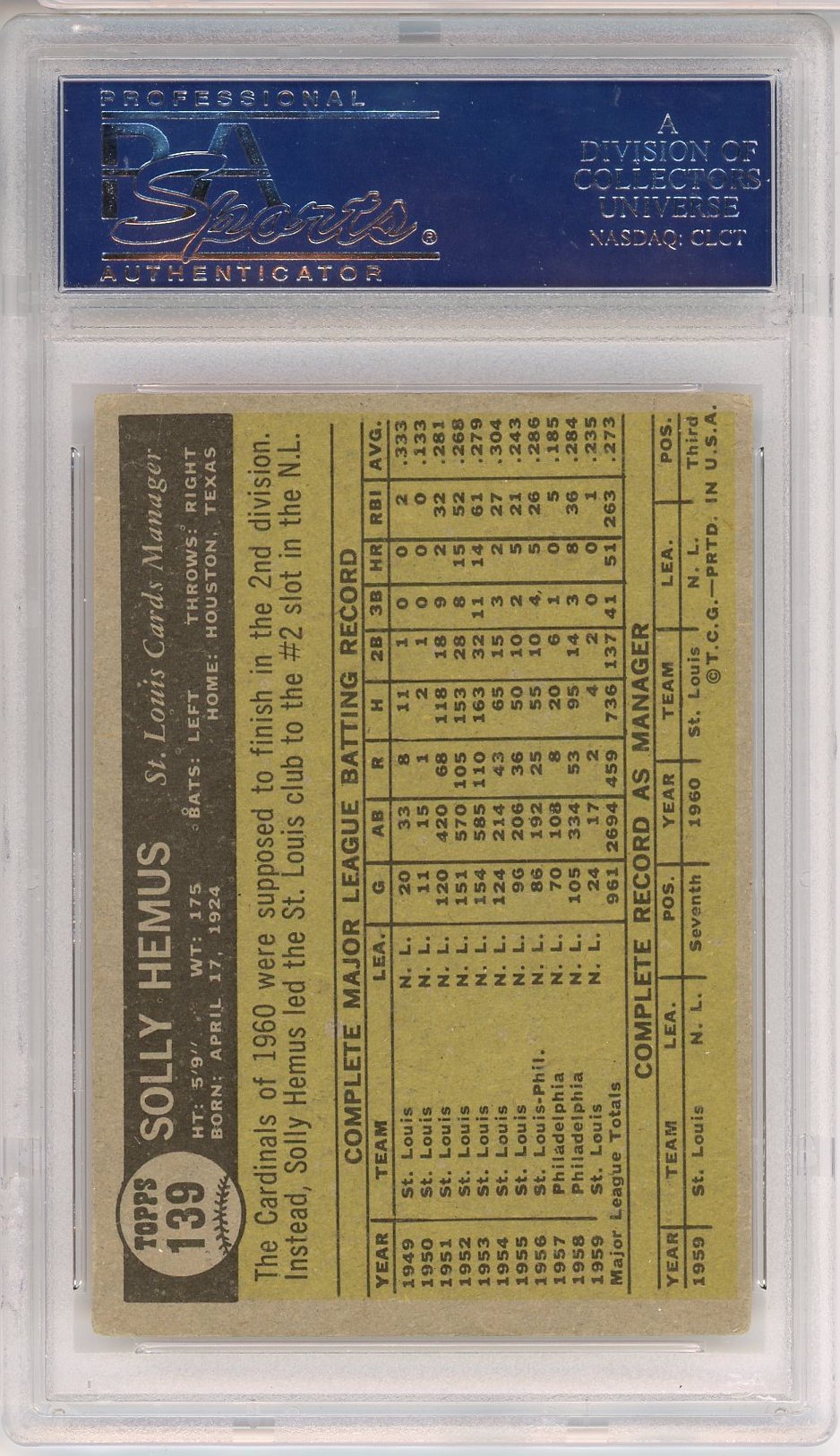 1961 TOPPS SOLLY HEMUS AUTO #139 PSA DNA