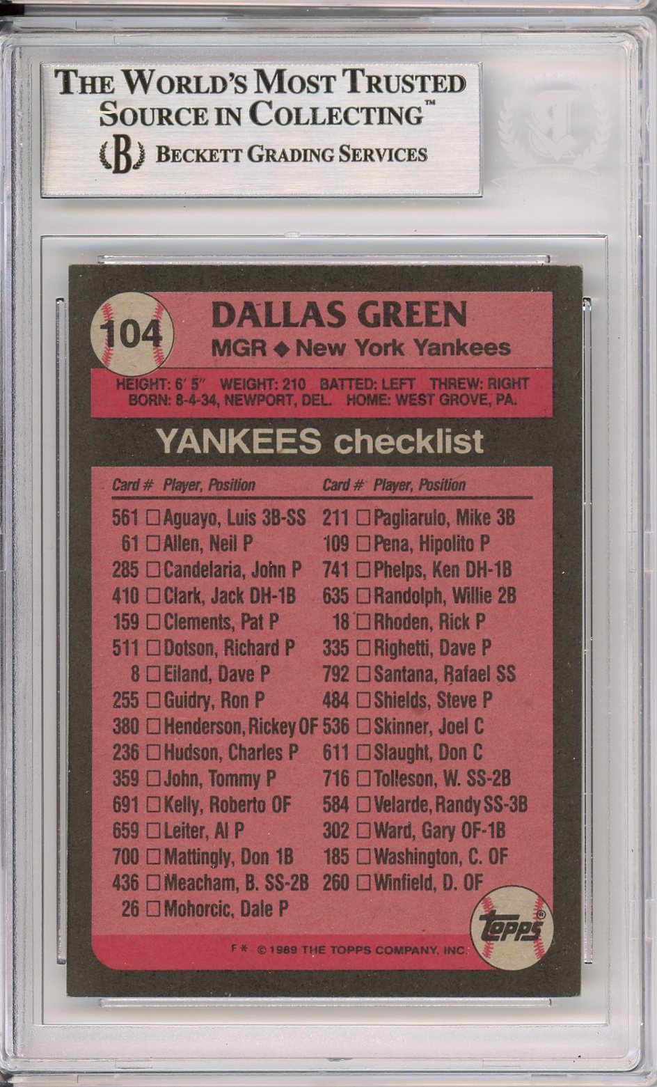 1989 TOPPS DALLAS GREEN AUTO #104 BECKETT BAS (474)