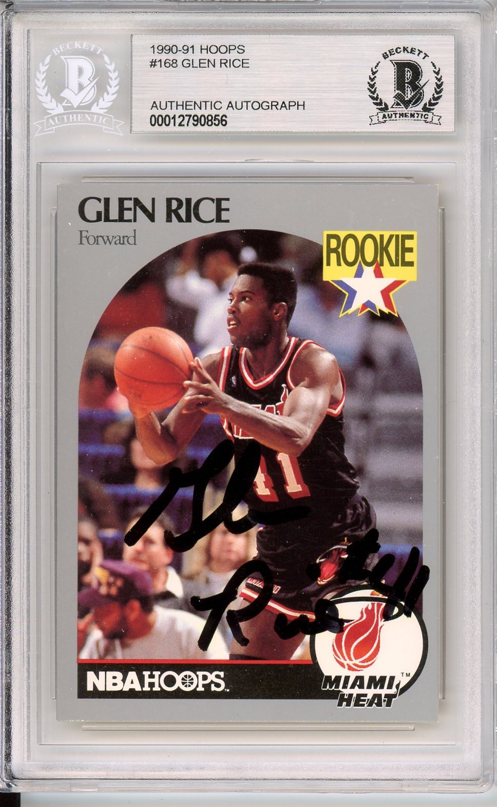 1990-91 HOOPS GLEN RICE RC ROOKIE AUTO #168 BECKETT BAS