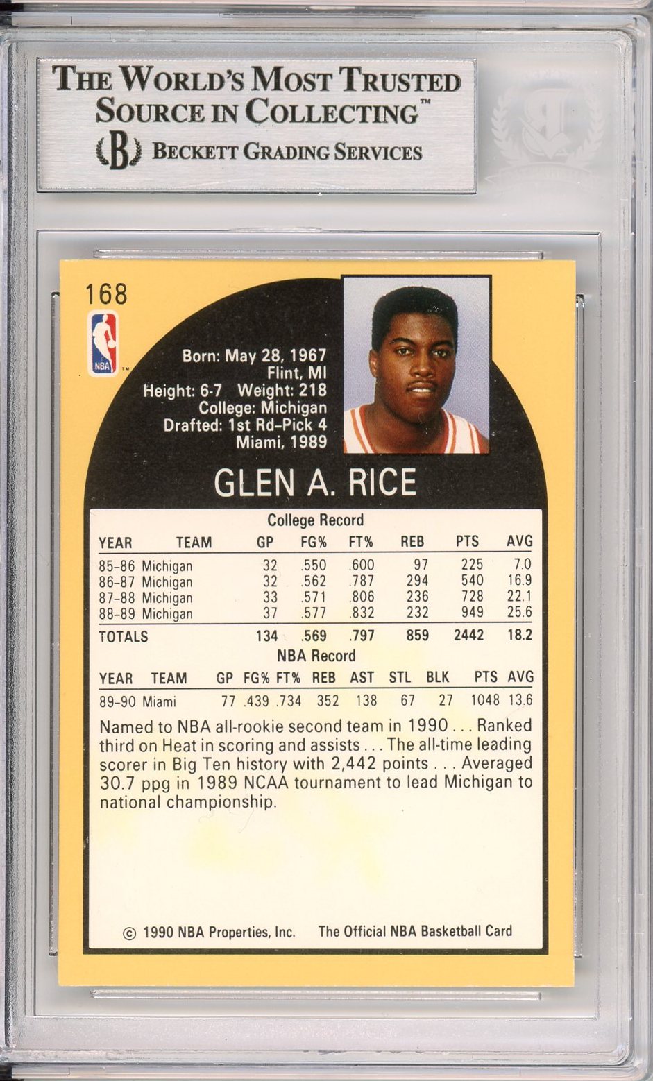 1990-91 HOOPS GLEN RICE RC ROOKIE AUTO #168 BECKETT BAS