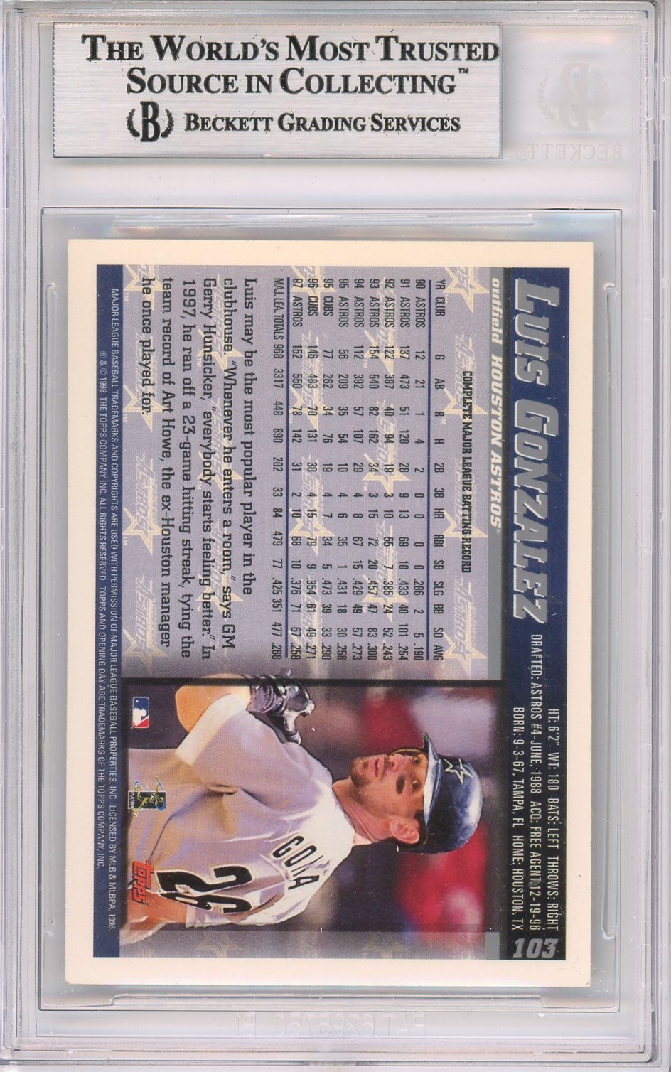 1998 TOPPS LUIS GONZALEZ AUTO #103 BECKETT BAS