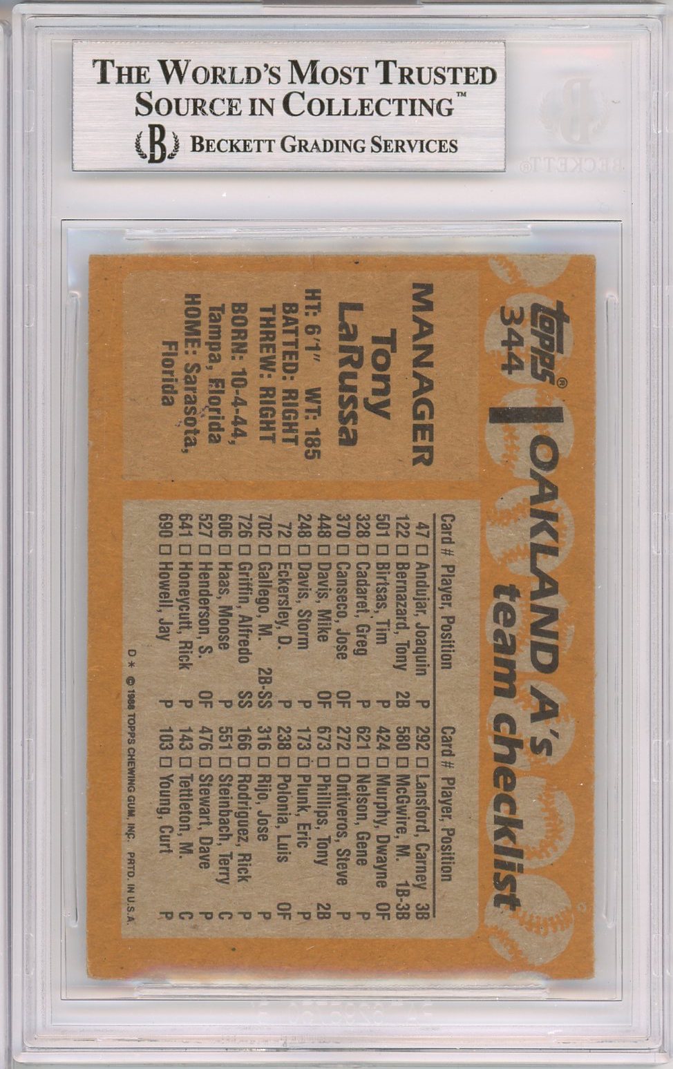 1988 TOPPS TONY LARUSSA AUTO #344 BAS BECKETT (196)