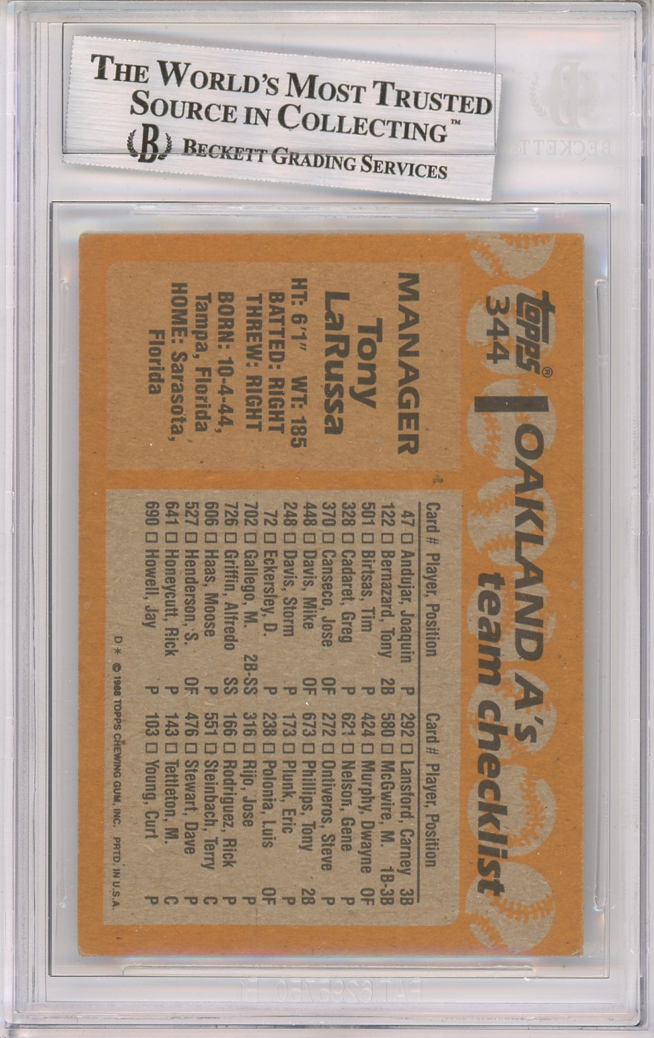 1988 TOPPS TONY LARUSSA AUTO #344 BAS BECKETT (194)