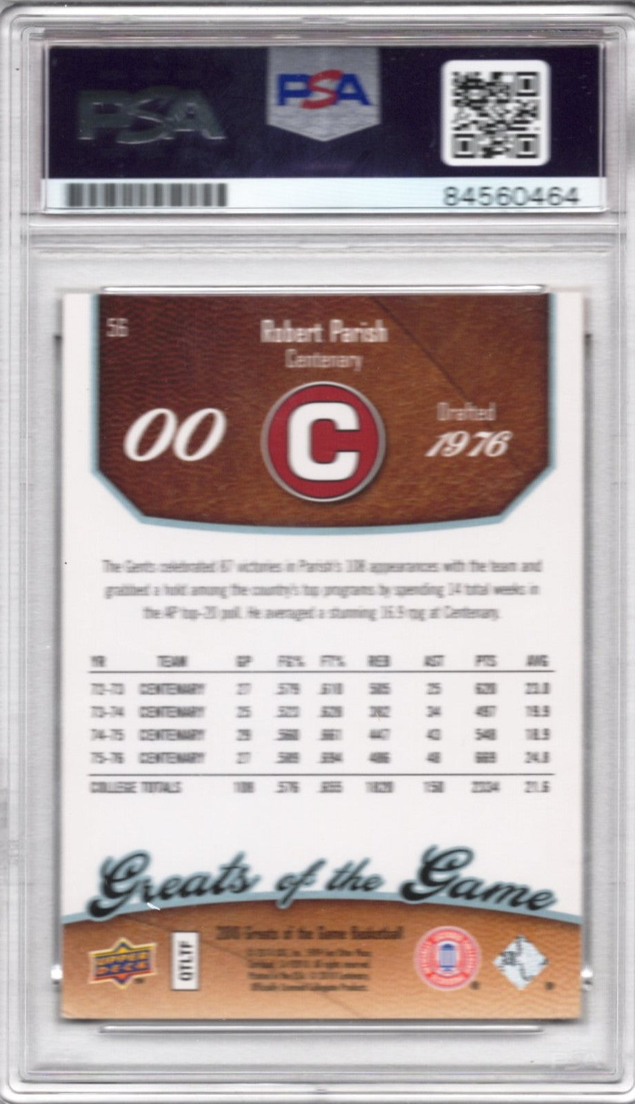 2010 UPPER DECK ROBERT PARISH AUTOGRAPH PSA/DNA (0464)